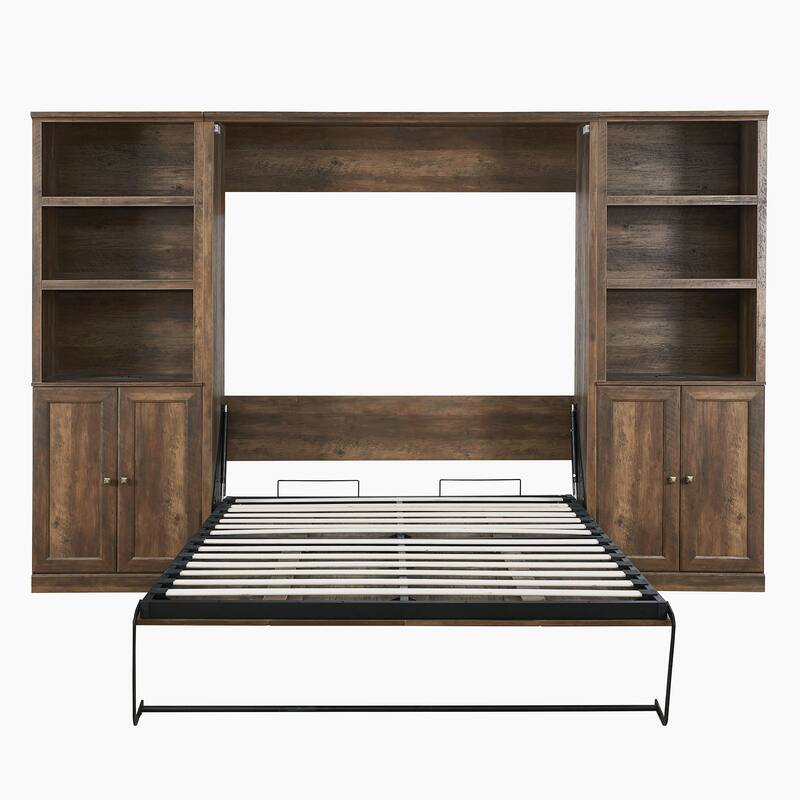 Half Self-Close and Open Murphy Bed with 2 Side Cabinet Storage Shelf