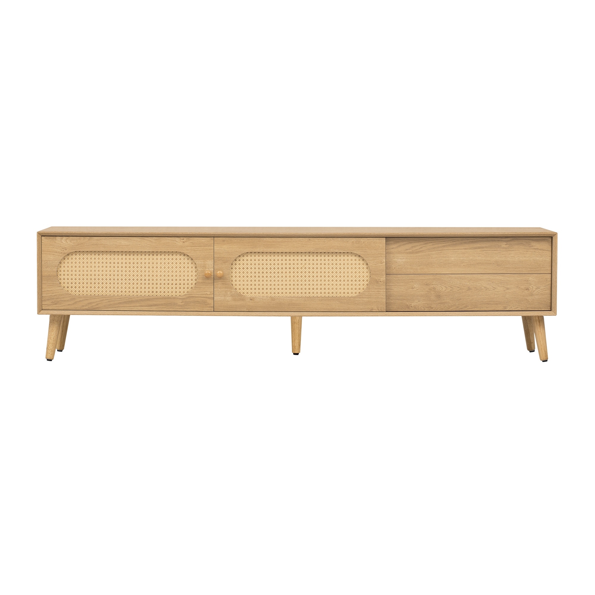Boho Farmhouse Wicker TV Stand Media Console, for TVs up to 80" with 1 Drawer and 2 Spacious Cabinets, for Living Room