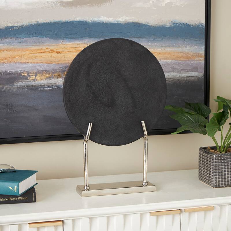 Black Marble Textured Disk Abstract Sculpture with Silver or Gold Stand - Black - Silver
