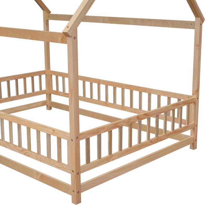 Floor Wooden Bed with House Roof Frame