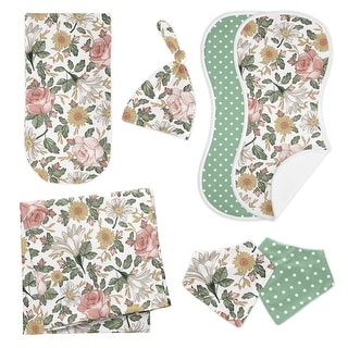 Vintage Floral Boho 7pc Newborn Baby Layette Set - Blush Pink Yellow and Green White Bohemian Shabby Chic Rose Flower Farmhouse