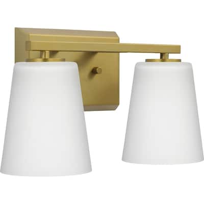 Vertex Collection Two-Light Brushed Gold Etched White Glass Contemporary Bath Light - 12.87 in x 6.25 in x 7.5 in