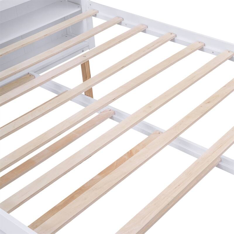 Wooden Storage Platform Bed with Bookcase Headboard, Full/Queen Bed Frame with Twin Size Trundle and Pull Out Shelves