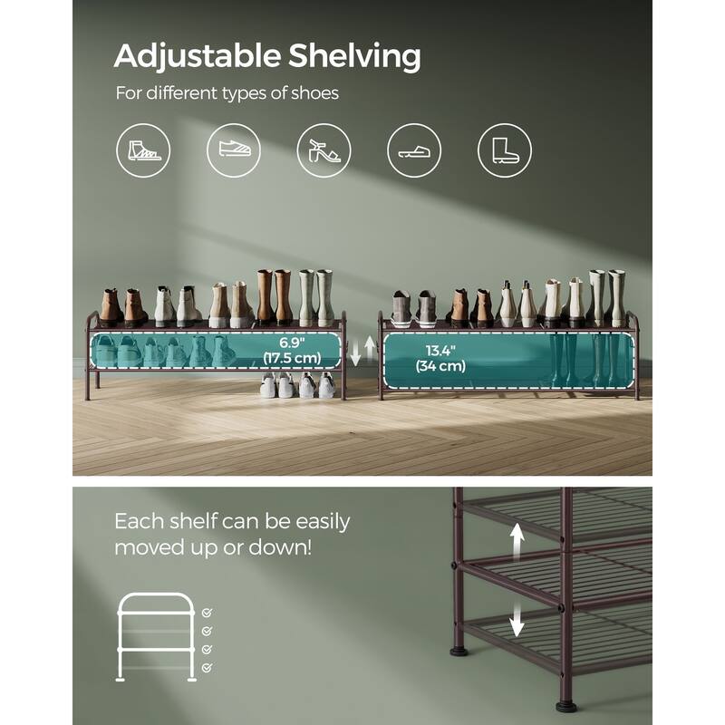Moder Metal Shoe Rack Organizer with Shelf Storage with Side Hooks for Multiples Shoes Pairs