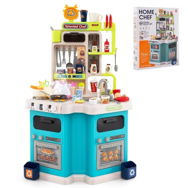 slide 2 of 19, Costway Kids Kitchen Playset with Sounds Lights Steam Play Sink 113 - See Details Blue