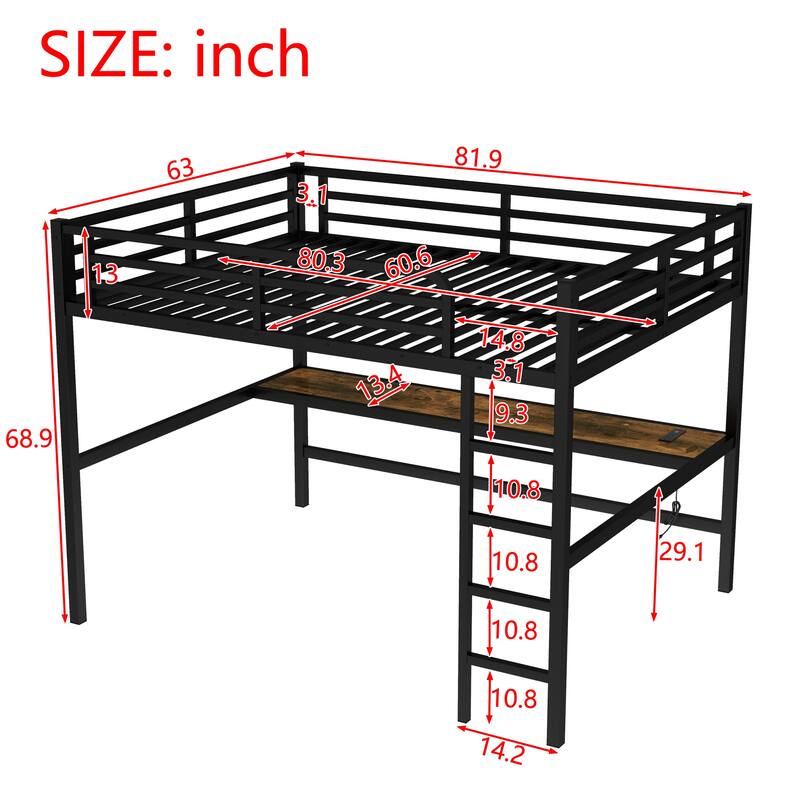 Metal Queen Size Loft Bed with Desk, Power Outlet & LED Lights, Space-Saving Noise-Free Frame with Guardrails