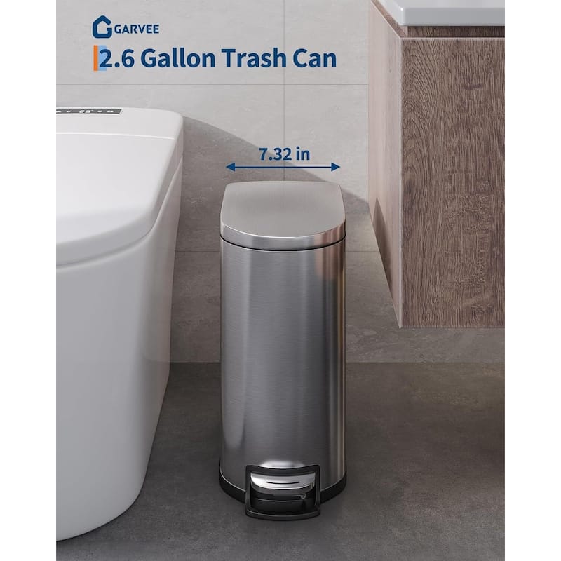 2.6 Gallon Stainless Steel Slim Trash Can, Step-on Garbage Bin for Narrow Space, Kitchen, Bathroom, Office