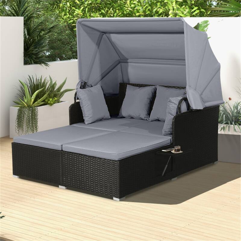 Rattan Daybed Lounge with Retractable Canopy and Side Tables - 65" x 60.5 x 58.5"