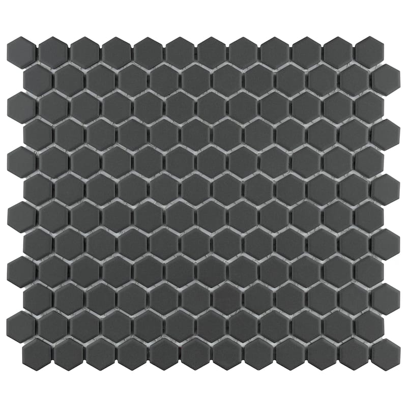 Merola Tile Metropolis 1" Hex Unglazed Black 10-1/4" x 12" Porcelain Mosaic Floor and Wall Tile - Case (10 Tiles)