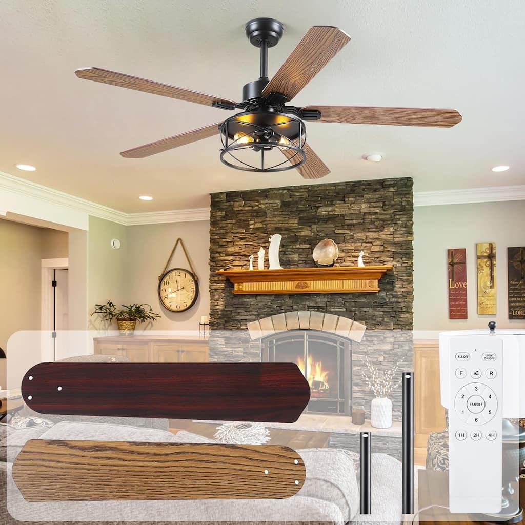 56 Inch Ceiling Fan with Caged Light and Plywood Blades for Farmhouse Living Room Bedroom