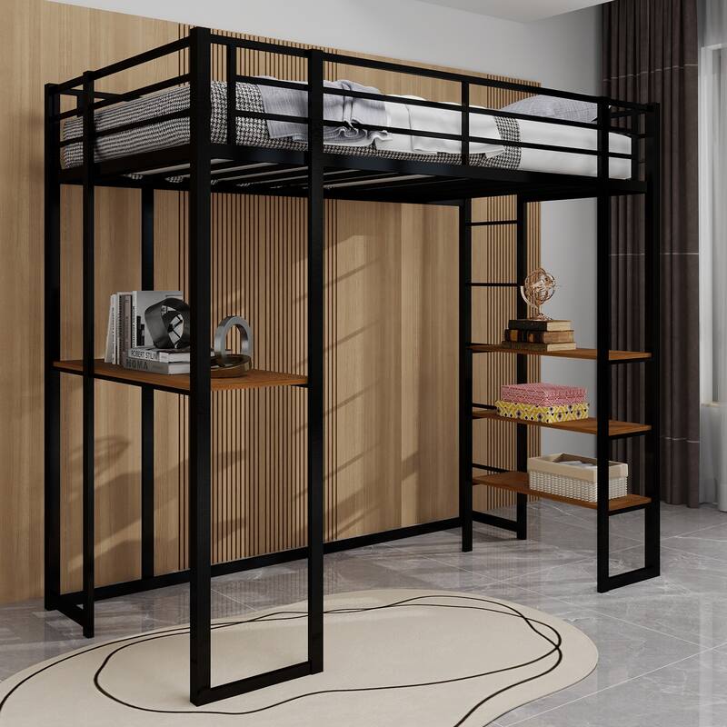 Space-Saving Iron Bunk Bed with L-Shaped Desk, Dual Staircase & Storage for Kids & Teens