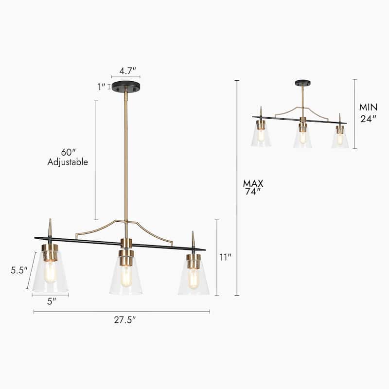 Mid-century Modern 3-Light 27.5W Linear Seeded Cone Glass Kitchen Island Pendant Dining Room Chandelier - L 27.5" * W 5"* H 11"