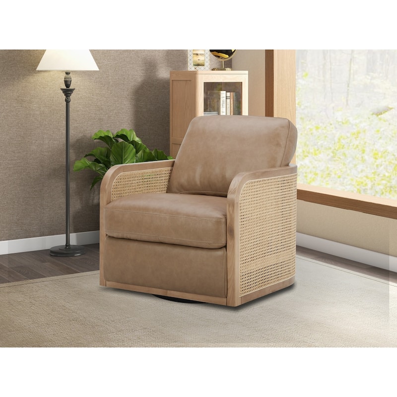 Divani Casa Danson Modern Tan Leather & Wicker Swivel Accent Chair