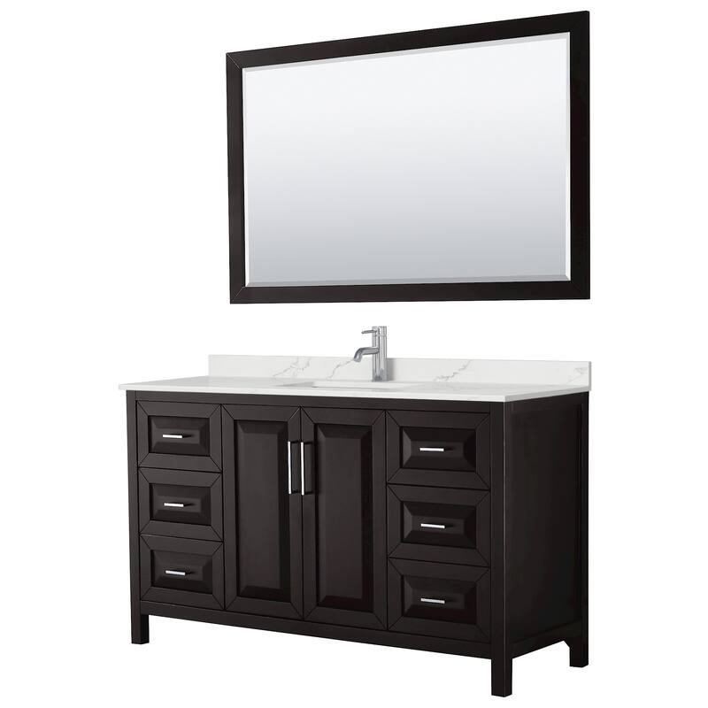 Daria 60-inch Single Vanity, Single Hole Quartz Top, 58-inch Mirror - Dark Espresso, Chrome Trim, Giotto Quartz Top