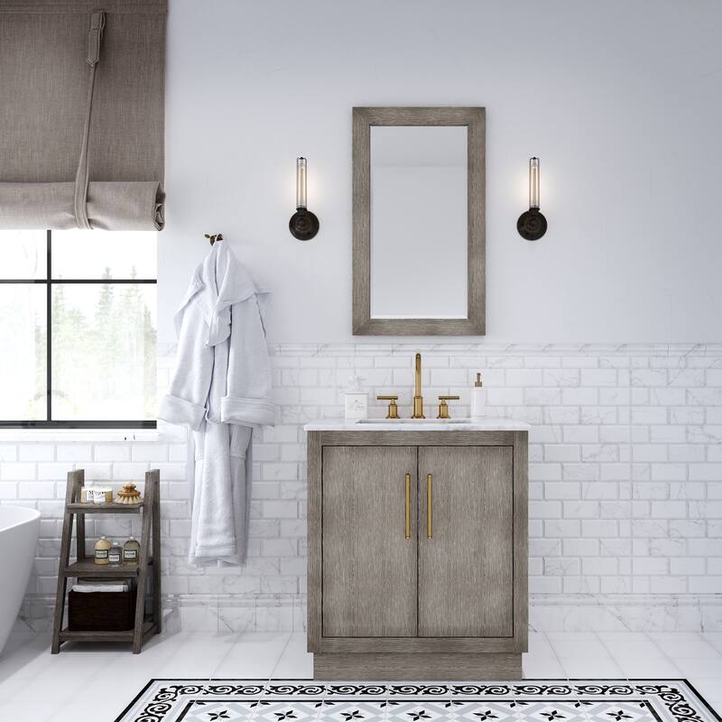 Hugo Carrara Marble Countertop Vanity with Mirror and Gooseneck Faucet