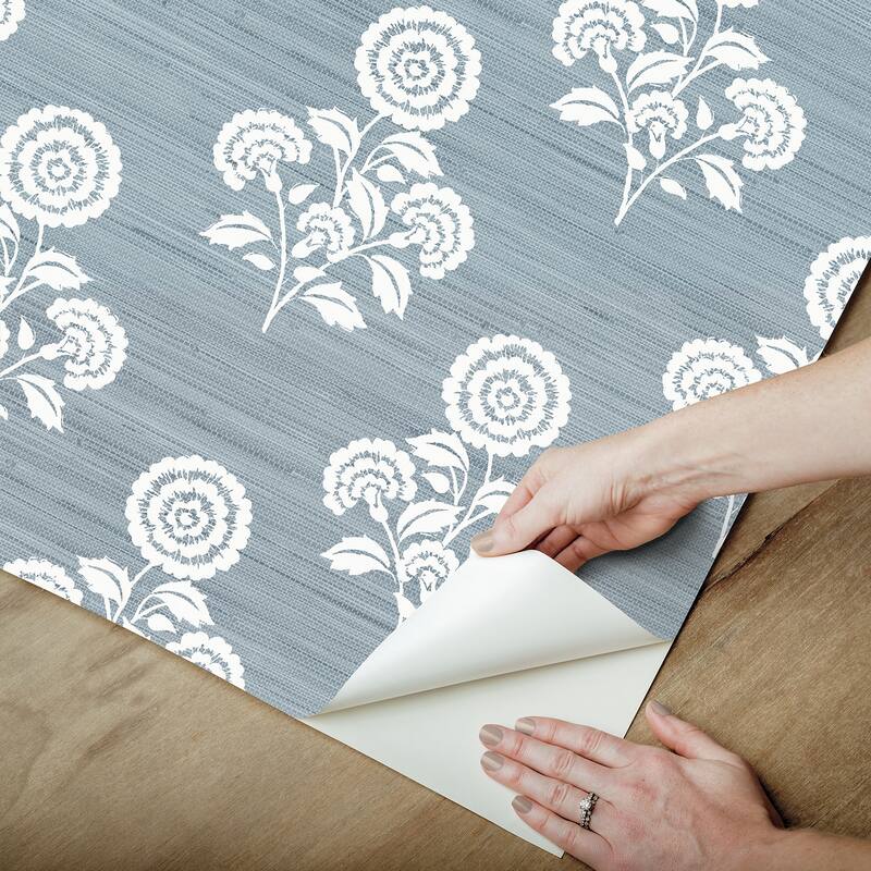 Society Social Flourish Block Print Mineral Blue Faux Grasscloth Peel and Stick Wallpaper