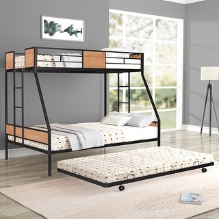 Modern Heavy-duty Sturdy Metal Twin over Full Bunk Bed with Trundle Bed, Safety Guardrail and Wooden Decoration