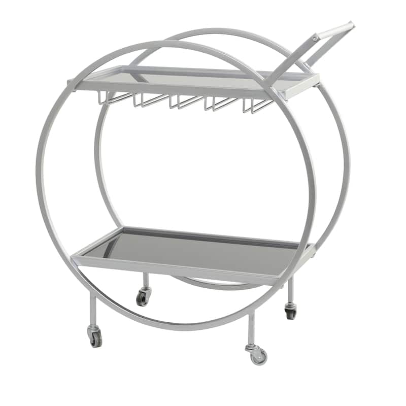 Metal Rolling 2 Mirrored Shelves Bar Cart with Wine Glass Storage and Handle - Rose Gold, Silver or Black - Roche River Decor