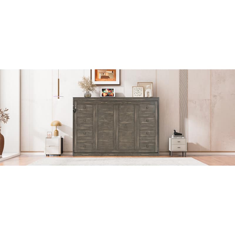 Roomfitters Full/Queen Size Murphy Bed with Desk, LED Light and Hydraulic Lift, Cabinet Design