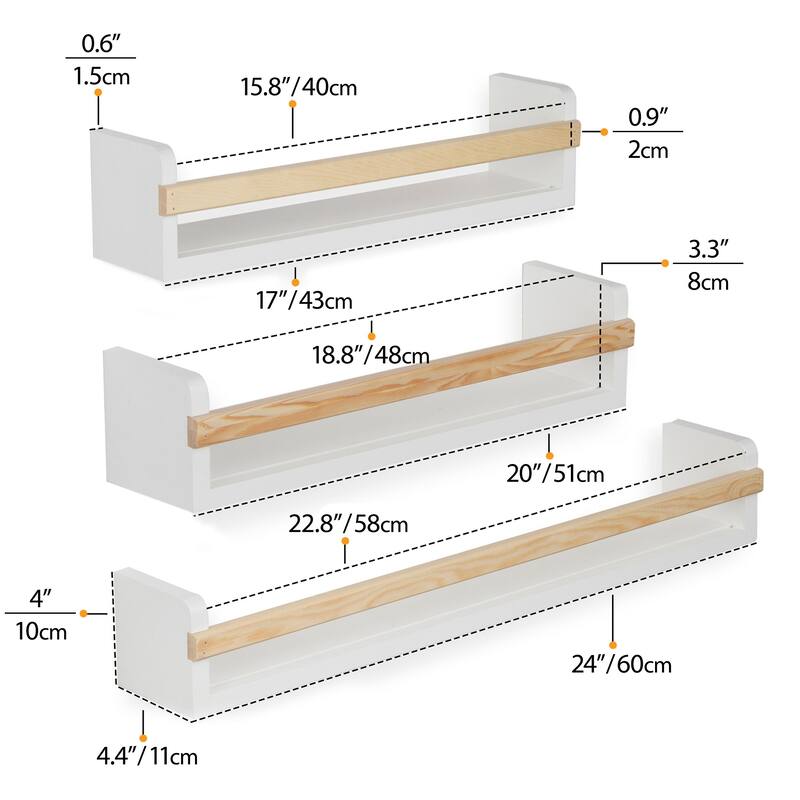 Wallniture Utah Wood Wall Shelves Kids Bookshelf Set of 3 Toy Storage - White
