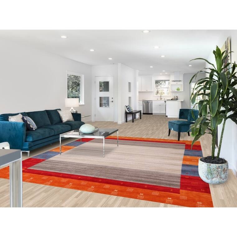 Striped Gabbeh Indian Area Rug Handmade Oriental Beige Wool Carpet - 8'4" x 9'8"