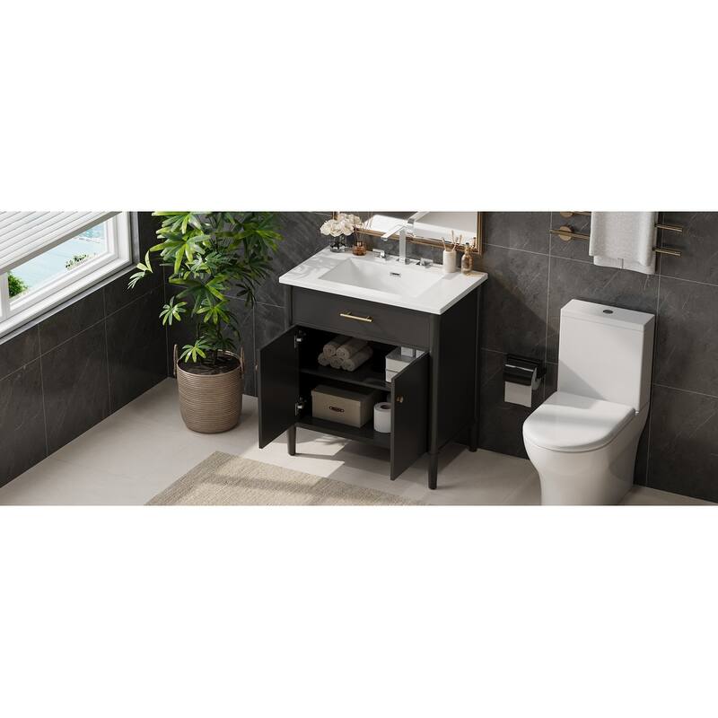 Bathroom Vanity with Ceramic Sink, Wooden Bathroom Storage Cabinet, Bathroom Cabinet with Soft Close Doors & Adjustable Shelf