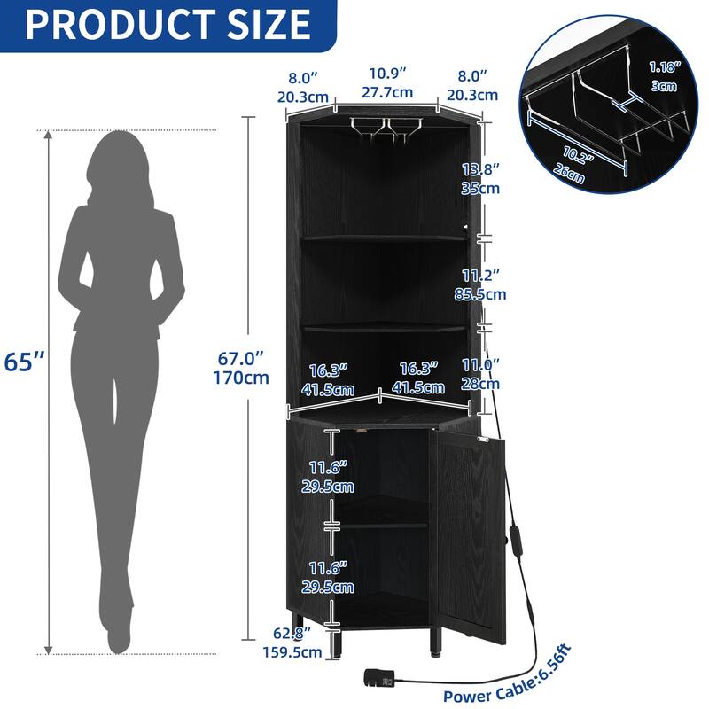 5 Tiers Corner Bar Cabinet Wine Rack Display Shelves with LED Lights and Glass Holder