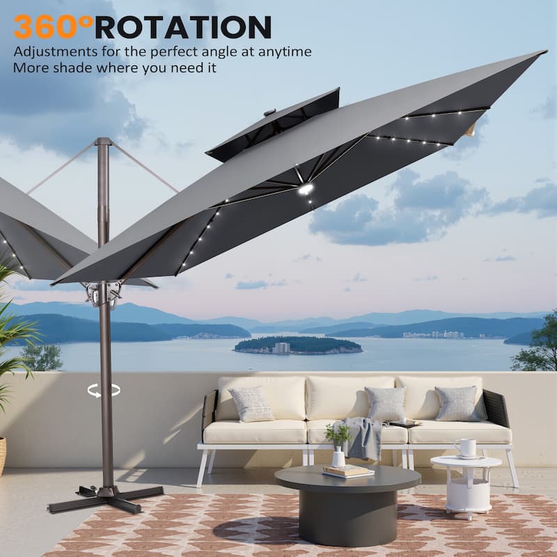 11X11 FT Outdoor Patio Cantilever Umbrella Solar LED Lighted with Wheel Base