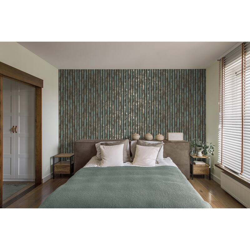 Fine Decor Oxidize Teal Vertical Slats Wallpaper