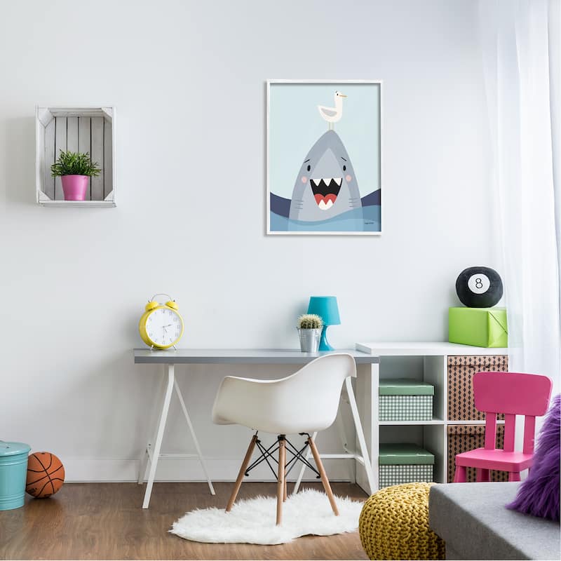 Stupell Quirky Smiling Shark Seagull Nautical Ocean Waves Framed Wall Art - Grey