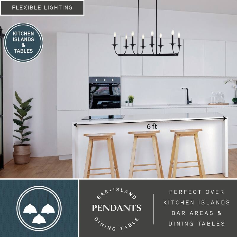 Durham 8-Light Black Kitchen Island Pendant Fixture, LED Compatible, Adj Height Linear Chandelier, Dining Entryway Foyer