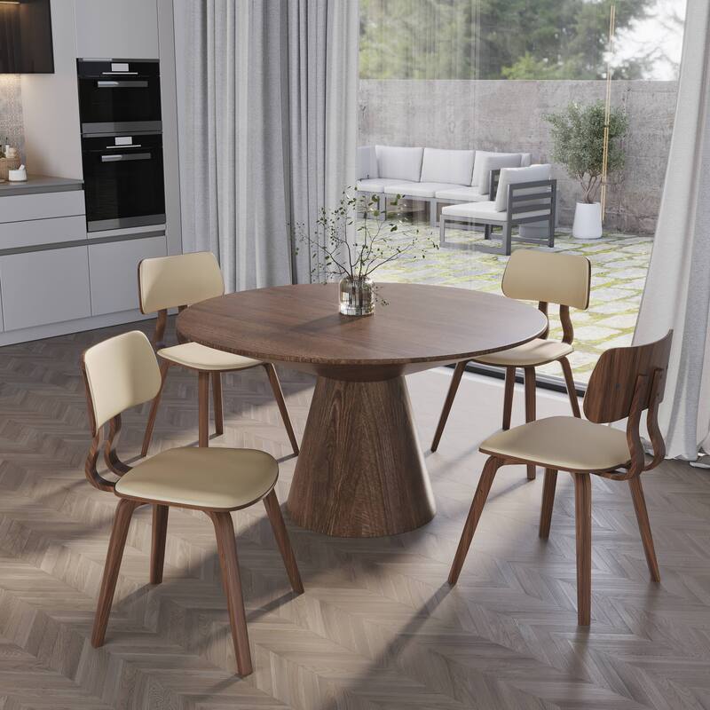 5-Piece Dining Set with 47-Inch Round Walnut Dining Table and 4 Leather Accent Side Chairs