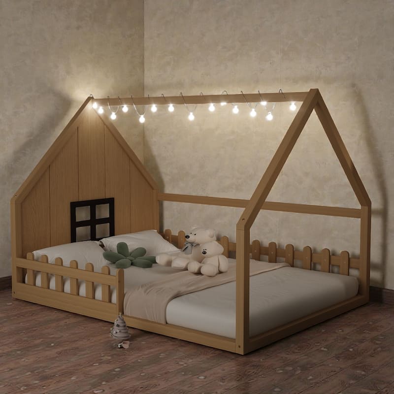 Full Size Wood House Bed with Window, Fence and LED Lights, Rustic Kids Floor Bed Frame