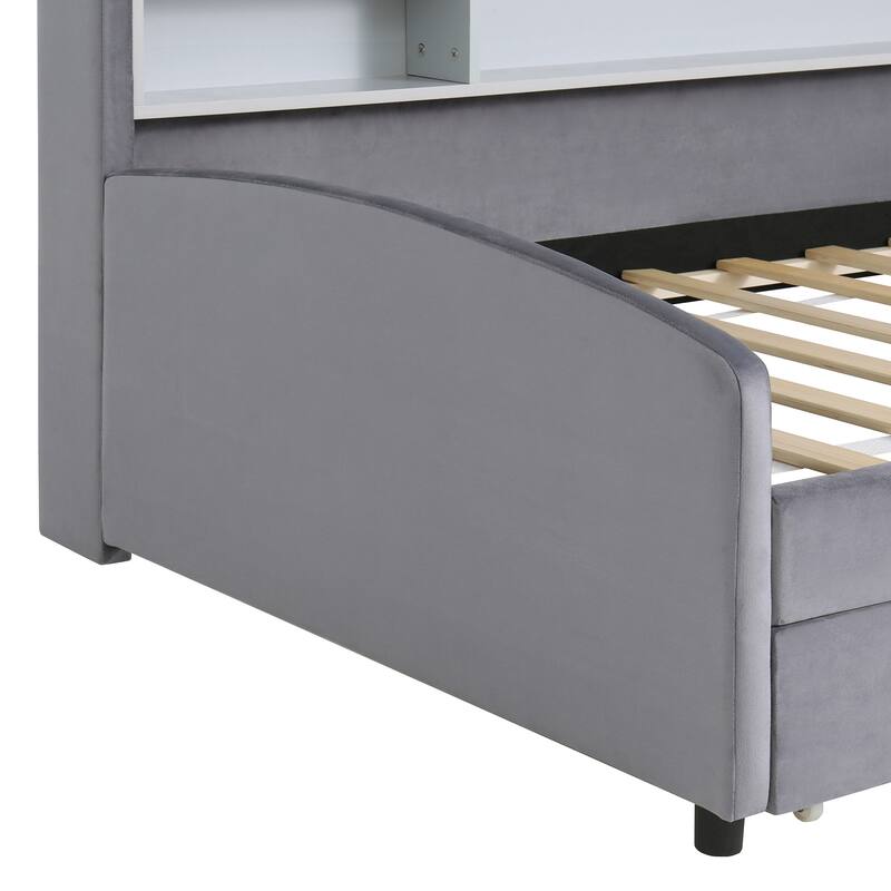 Twin Velvet Upholstered Bed Frame with Storage Drawers and Built-In Shelf, Platform Design with Plush Headboard