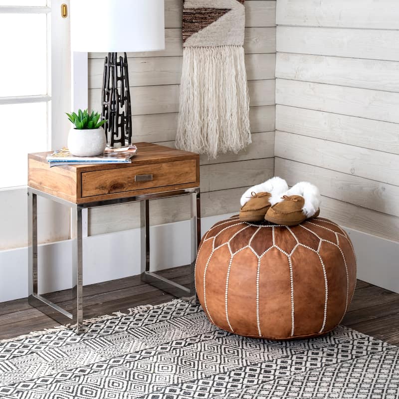 Nuloom Handmade Moroccan Leather Filled Ottoman Pouf