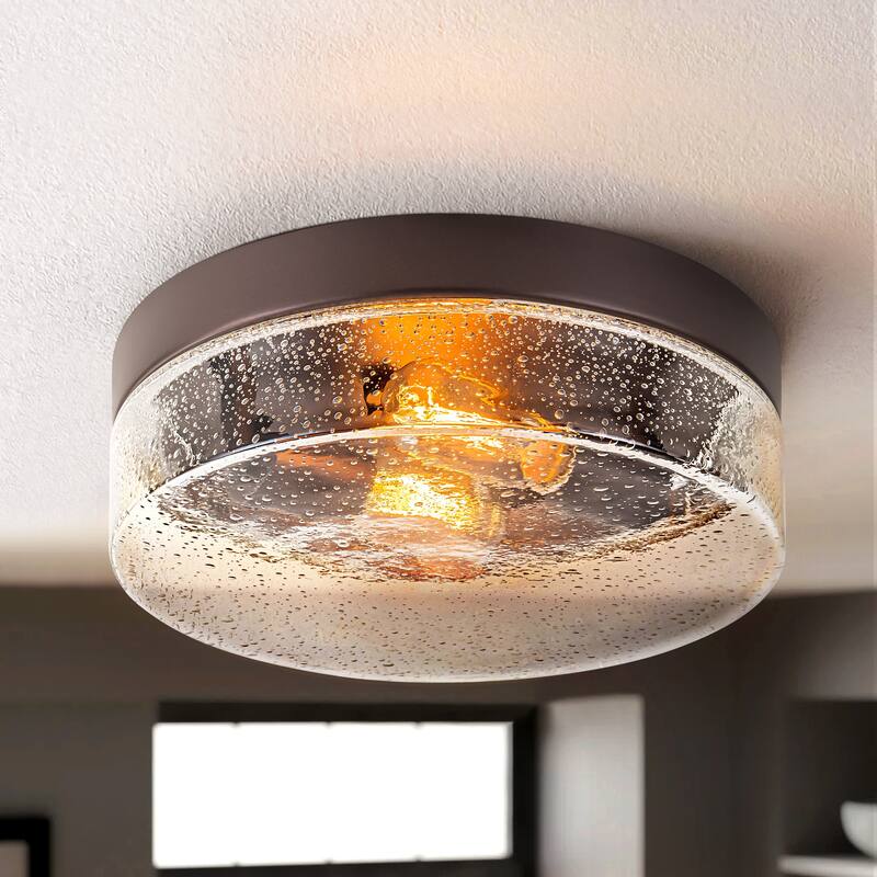 2-Light Gold/Bronze Modern Farmhouse Industrial Dimmable Dome Round Flush Mount Light with Seeded Glass Shade - Oil-Rubbed Bronze