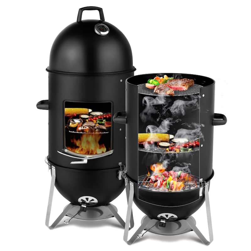 Black Steel Charcoal Smoker With Three Layer Round BBQ Grill