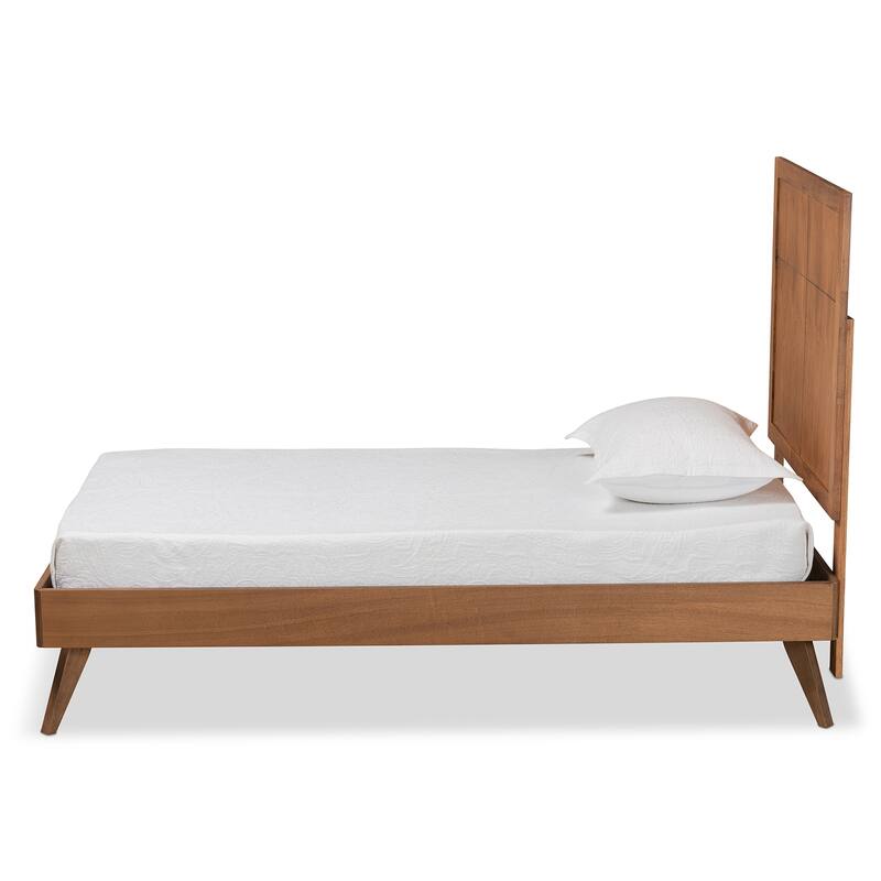 Twin Size Platform Bed - Modern Wood Bed Frame with Headboard - Walnut Brown Finish - Easy Assembly