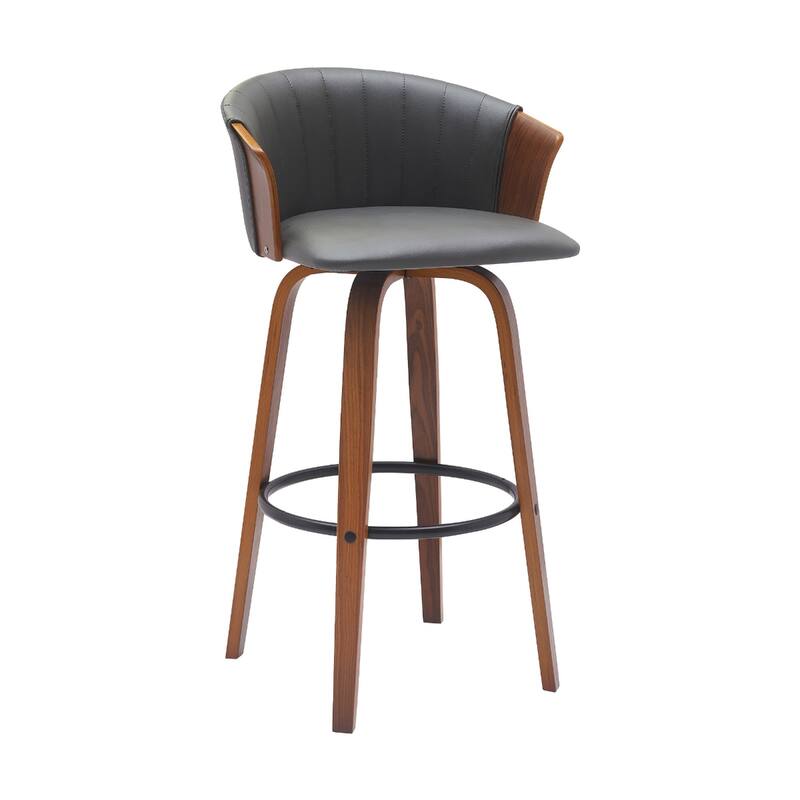 Faux Leather Swivel Counter Height Stool with Solid Wood Frame, Arms and Footrest - Gray And Wood Brown 30"