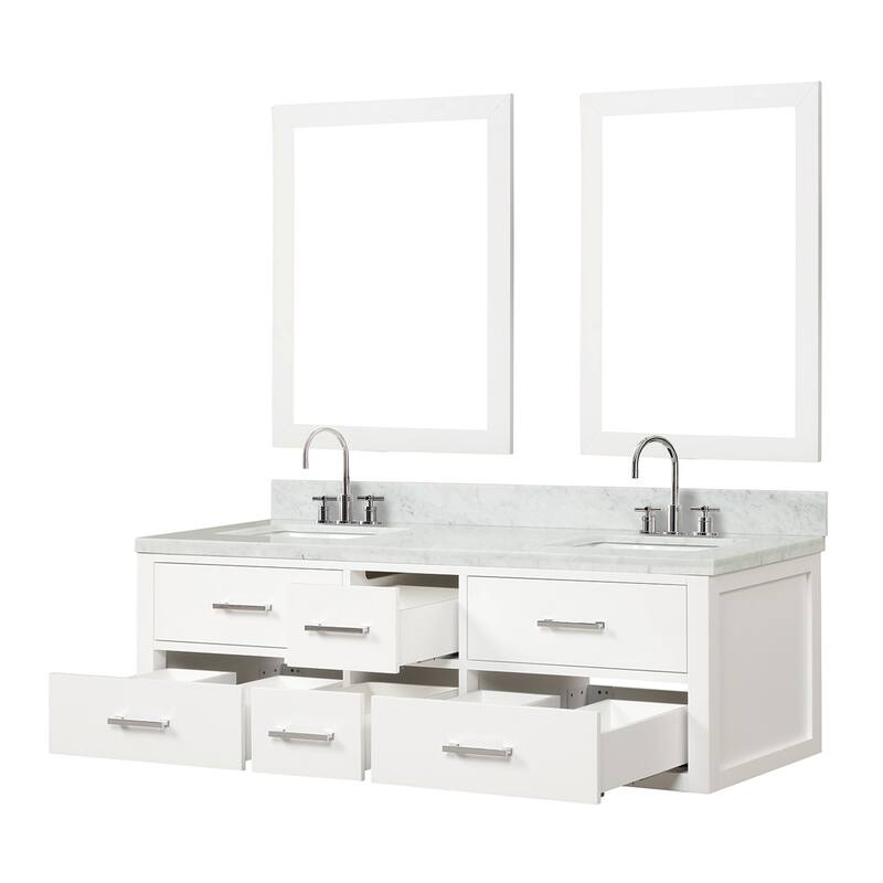 Lexora Castor Double Bath Vanity, Carrara Marble Top, Faucet Set, and Mirrors