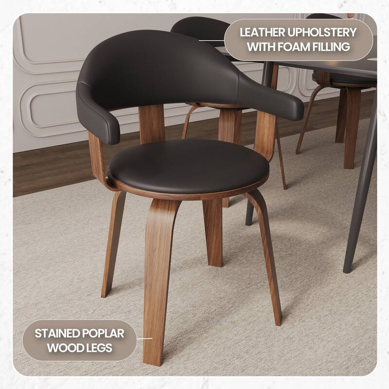 Leather Dining Chair in Solid Wood Accent Arm Chair Open Curved Back Design