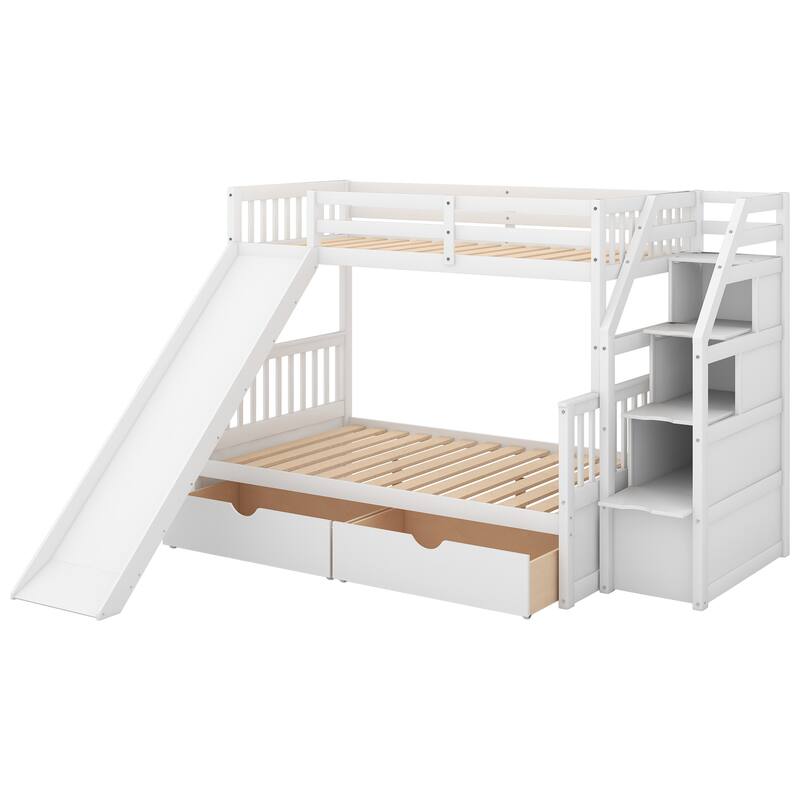 Twin over Full Bunk Bed with Drawers,Storage and Slide, Multifunction