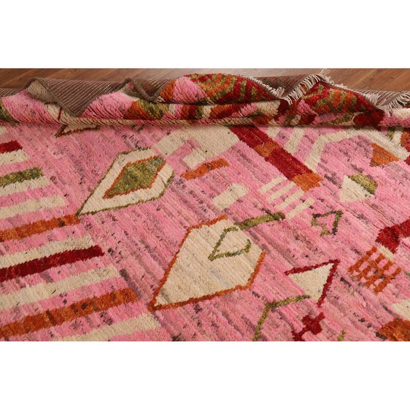 Hand Knotted Oriental 100% Wool Carpet Modern Tribal Pink Moroccan Area Rug - 9' 10'' X 6' 5''