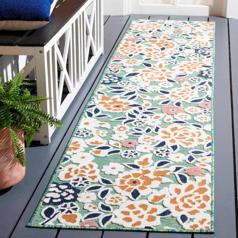 SAFAVIEH Cabana Cassie Indoor/ Outdoor Waterproof Transitional Rug - 2' x 10' Runner - Green/Navy