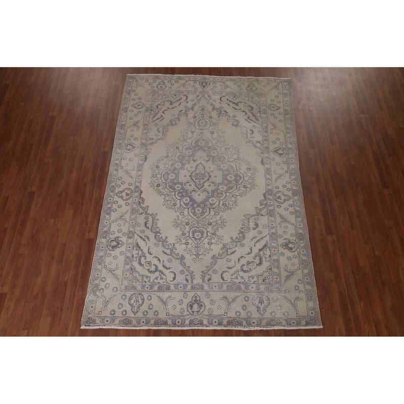 Vintage Distressed Muted Tabriz Persian Rug Handmade Wool Carpet - 6'6" x 9'7"