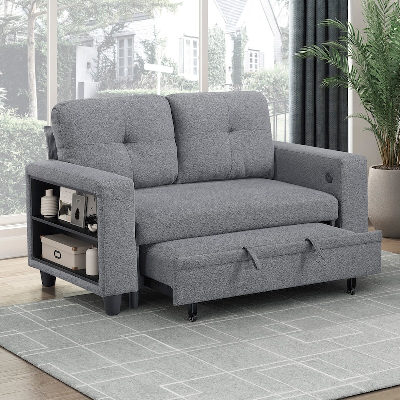 Hazel 56.5" Boucle 2-Seater Loveseat - Pull-out Bed, Shelves, USB Port