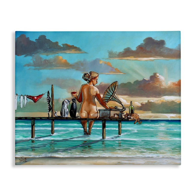 Stupell Woman & Cats Beach Sunset Canvas Wall Art Design By Ronald West - 30 x 24