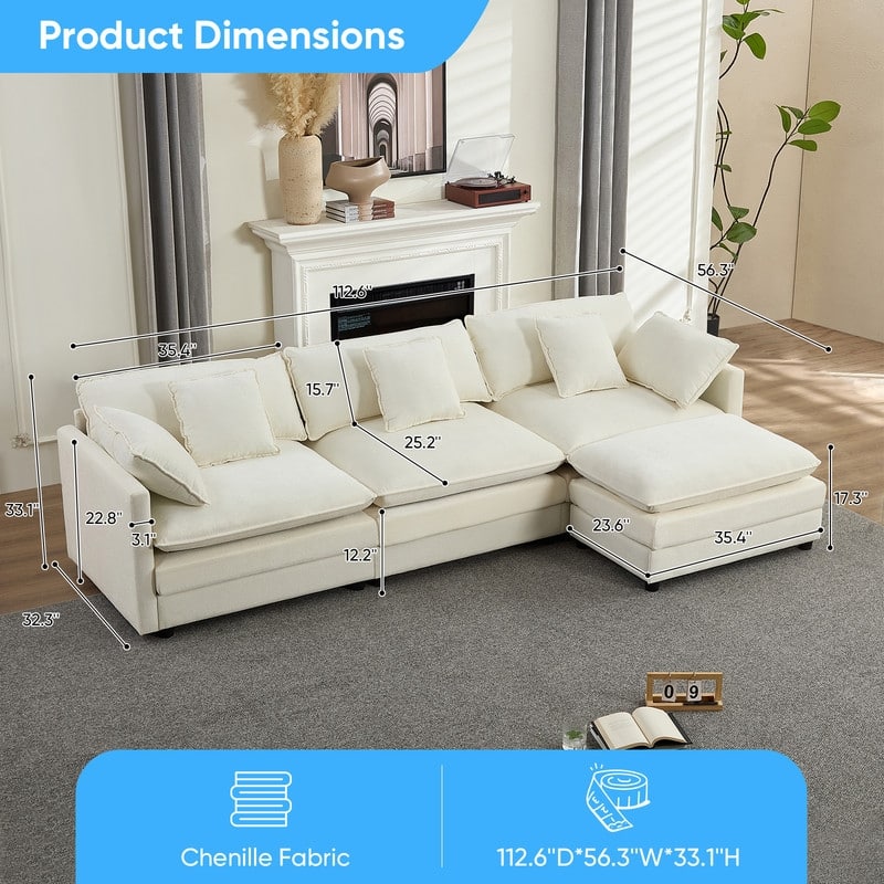 Mixoy 113''L-Shaped Modular Sectional Sofa,Modern Chenille 4-Seater Cloud Couch with Ottoman and Thickened Cushion