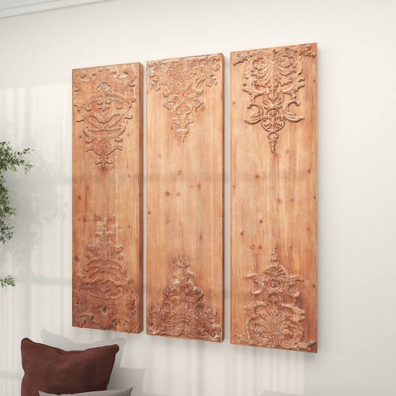 Brown Wood Carved Antefix Floral Home Wall Decor (Set of 3)