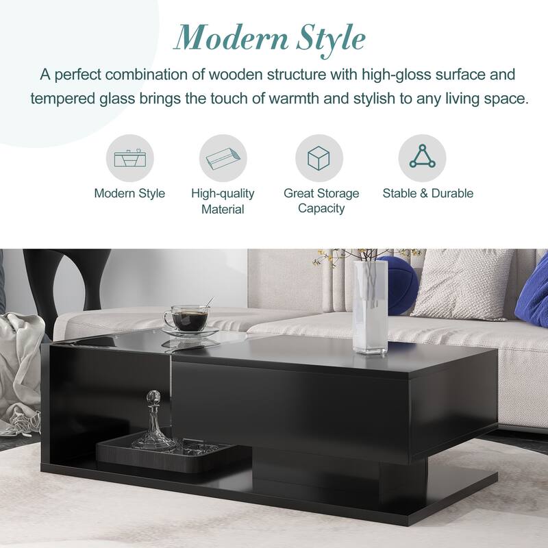 Modern Coffee Table w/ Tempered Glass Tabletop, Cocktail Table w/ High-gloss UV Surface, Modernist 2-Tier Rectangle Center Table